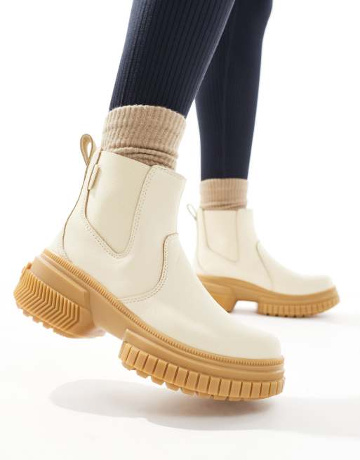Sorel - ONA AVE - Waterbestendige leren chelsea boots in honingwit met rubberen zool
