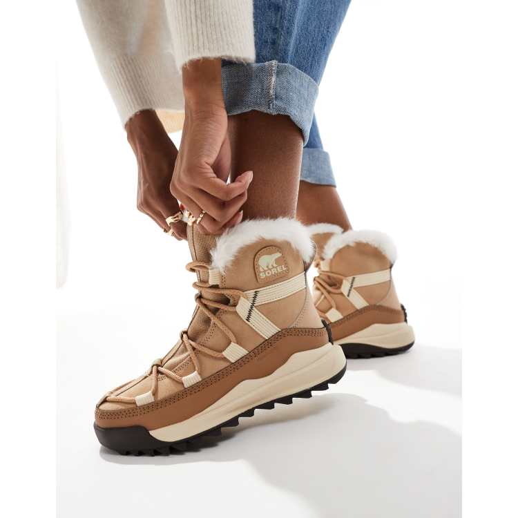 Sorel ONA RMX Glacy Plus WP waterproof fleece lined suede snow boots in canoe and sea salt ASOS