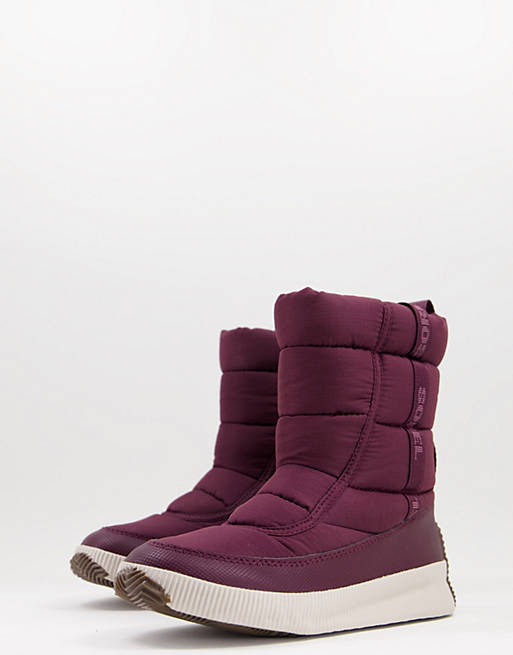Sorel out and about puffy mid boots in plum
