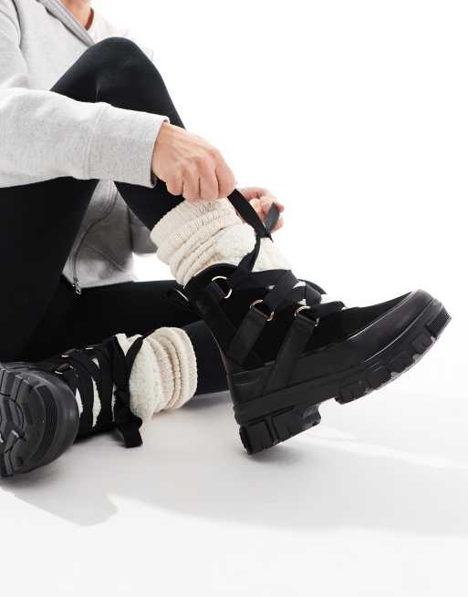 Sorel Torino V Resort waterproof fleece lined faux fur leather snow boots in black and chalk