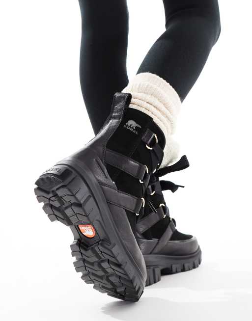 Sorel Torino V Resort waterproof fleece lined faux fur leather snow boots in black and chalk