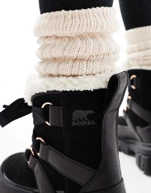 Sorel Torino V Resort waterproof fleece lined faux fur leather snow boots in black and chalk