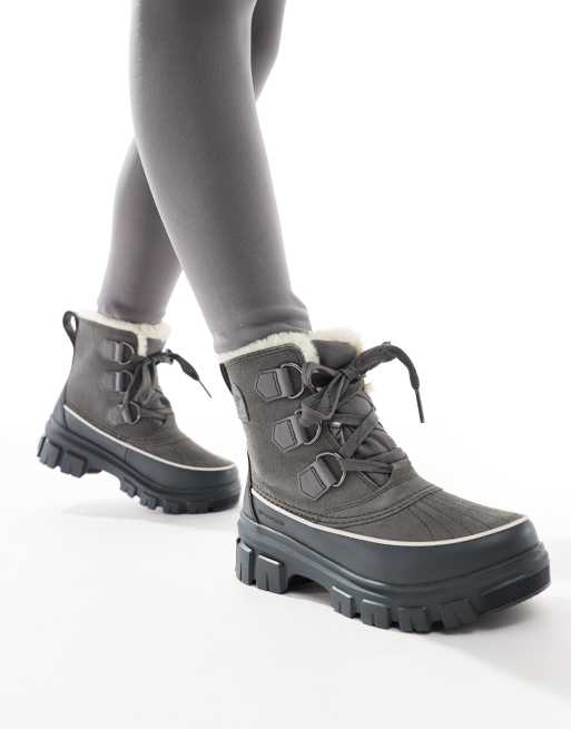Sorel - Torino V WP - Bottes de neige imperméables en cuir avec doublure en polaire et fausse fourrure - Gris carrière