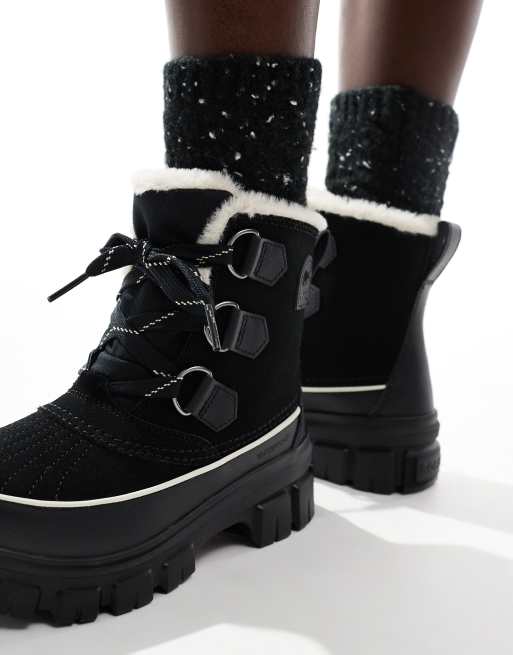 Sorel Torino V WP waterproof fleece lined faux fur leather snow boots in black and fawn ASOS