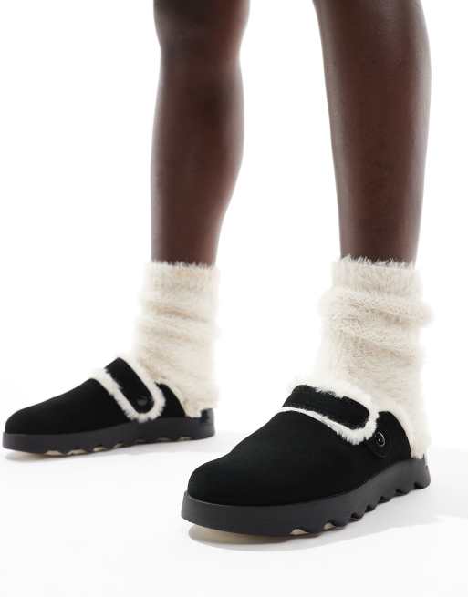 Sorel Viibe Cozy faux fur suede clogs in black and natural, 4 of 4