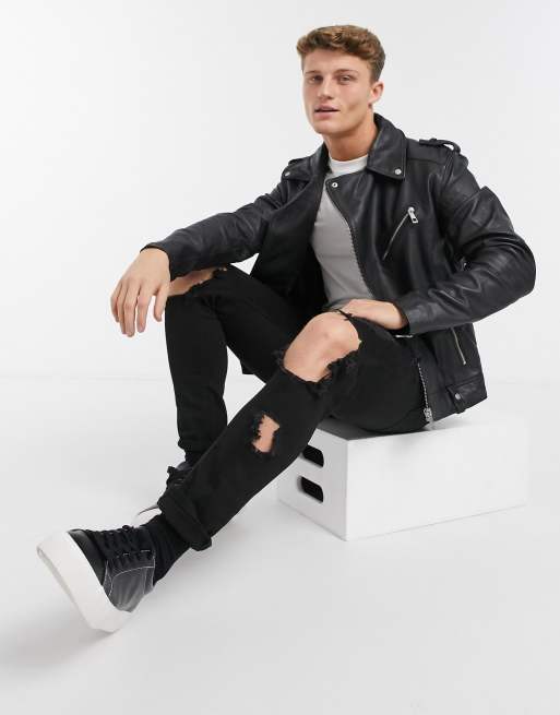 Sort bikerjakke i skind fra ASOS DESIGN