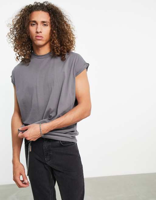 Sort, oversized longline T-shirt med rulleærmer fra ASOS DESIGN