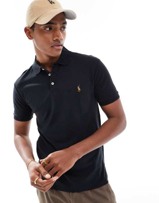 Sort pima-polo i smal pasform med multiplayer-logo fra Polo Ralph Lauren