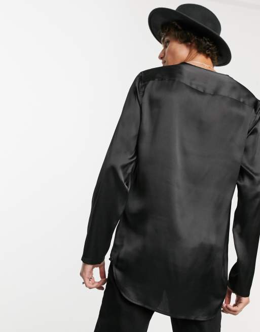 Sort satinskjorte til at trække over hovedet med regulær pasform fra ASOS DESIGN, 2 af 4