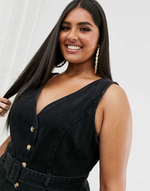 Sort skaterkjole i denim med knapper og bælte fra ASOS DESIGN Curve, 3 af 4