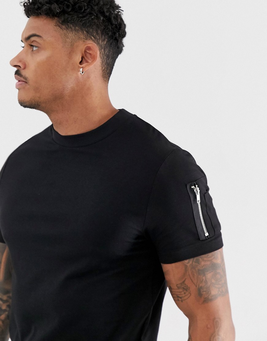 Sort skinny longline-t-shirt med buet kant og MA1-lomme fra ASOS DESIGN