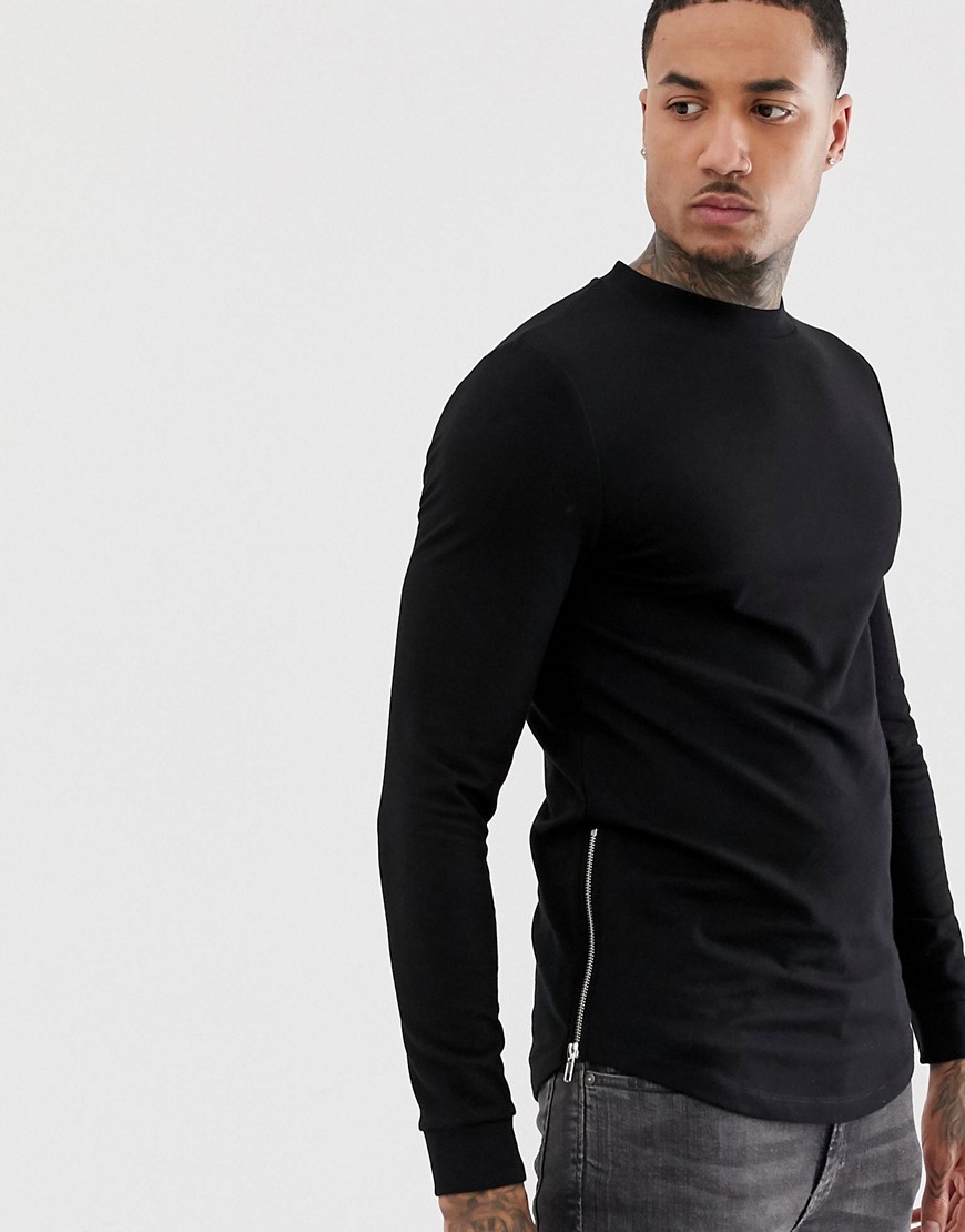 Sort tætsiddende longline sweatshirt med kurvet kant og sølv side lynlås fra ASOS DESIGN