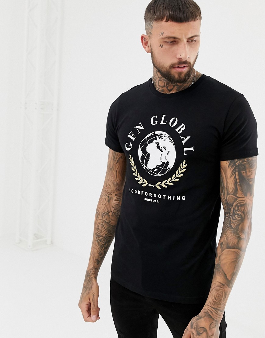 Sort tætsiddende T-shirt med global print fra Good For Nothing