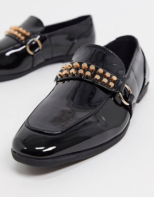 Målestok sløjfe svimmelhed Sorte lak-loafers med guldnitter fra ASOS DESIGN | ASOS