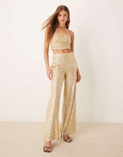 SOS DESIGN co-ord ruched sequin bandeau and wide leg trouser in gold - view 1