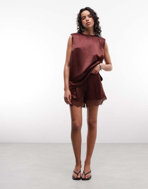 SOS DESIGN tailored satin oversized tee and shorts with lace detail co-ord in brown - view 1