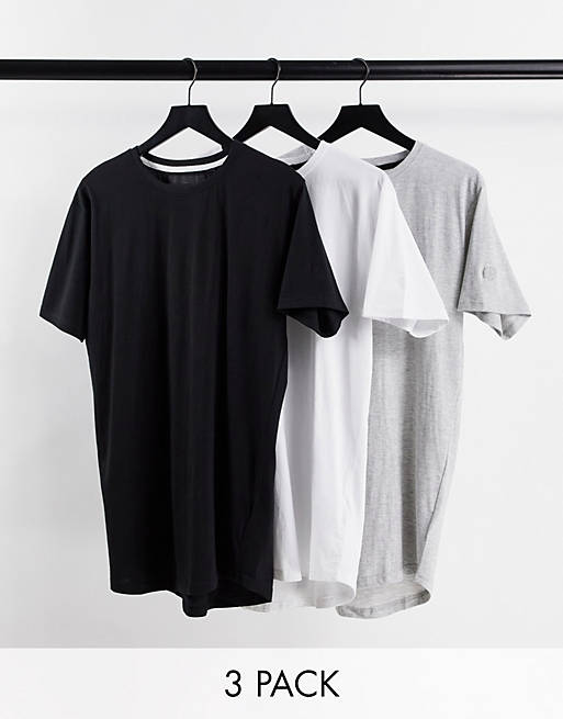 Soul Star 3 pack longline t-shirts in black white & light grey