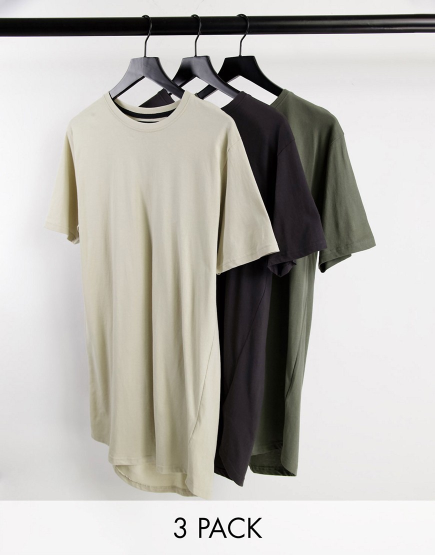 Soul Star 3 pack longline T-shirts in charcoal stone & khaki-Multi