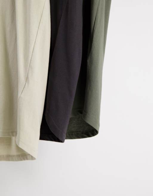 Soul Star 3 pack longline t-shirts in charcoal stone & khaki, 4 of 4