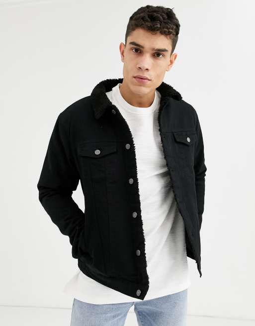 Soul Star fleece lined denim jacket in black - ShopStyle