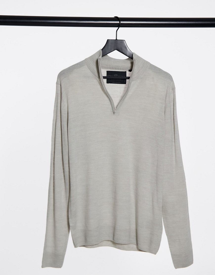 Soul Star half zip funnel neck knitted sweater in light gray melange-Grey