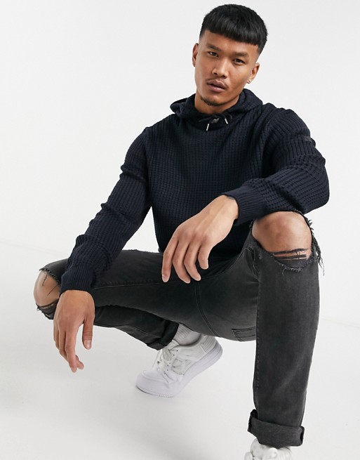 Soul Star hooded knitted jumper in navy