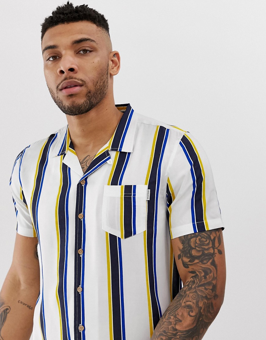Soul Star – Kortärmad bowlingskjorta med rand och fritidskrage-Vit