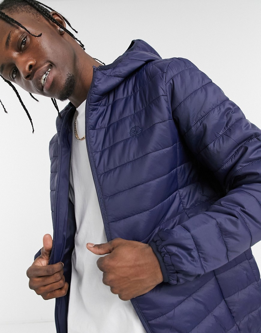 Soul Star lightweight hooded puffer jacket with carry pouch in navy