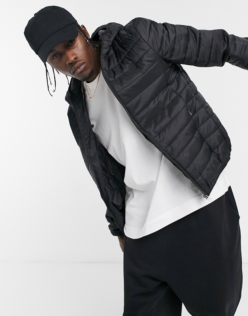 Soul Star lightweight hooded puffer with carry pouch in black