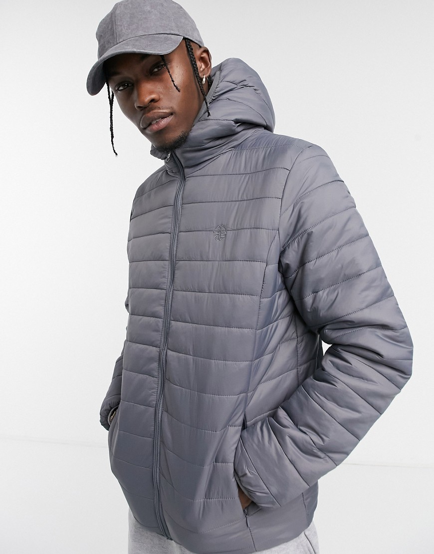 Soul Star lightweight hooded puffer with carry pouch in gray-Grey