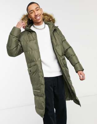 Soul Star longline with fur hood puffer jacket in khaki-Green