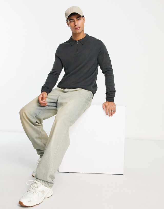 Soul Star muscle fit 1/4 zip knitted polo in charcoal