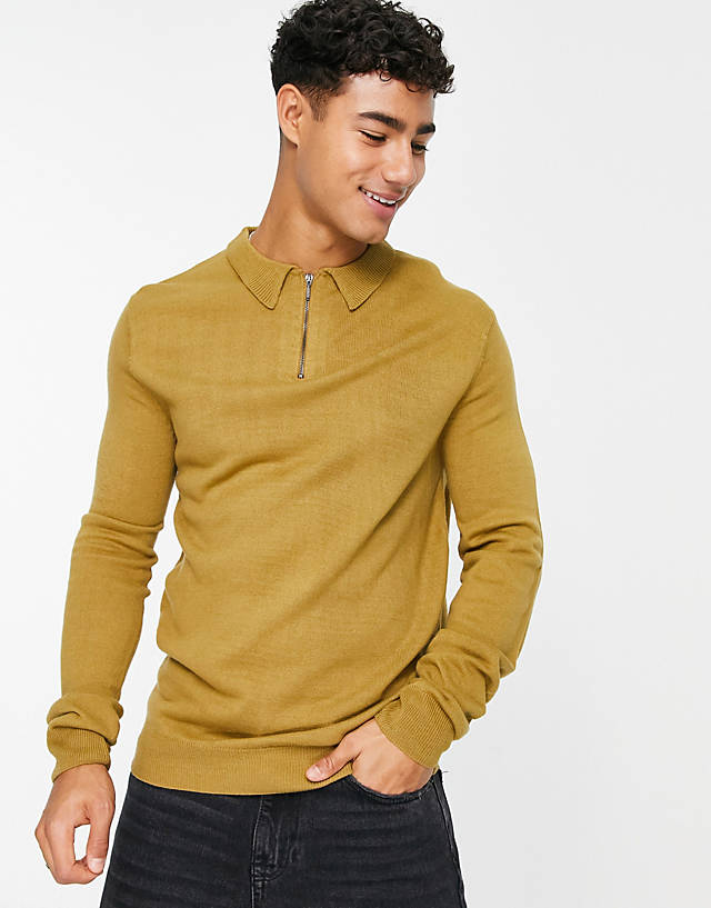 Soul Star - muscle fit 1/4 zip knitted polo in light brown