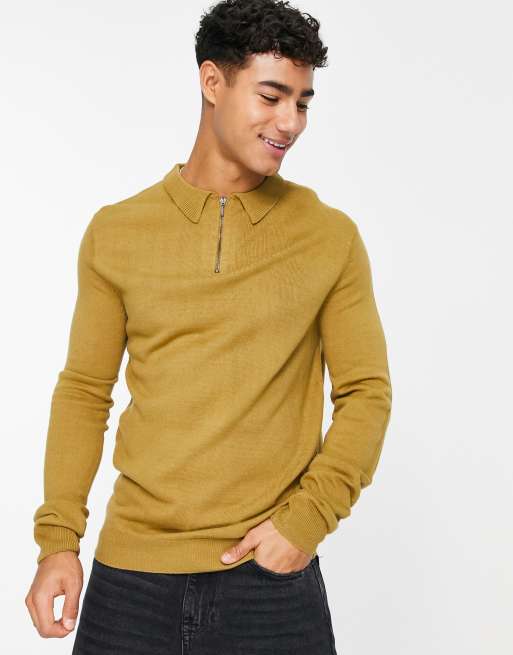 River Island Slim Fit Textured Knit Polo Shirt in Yellow for Men