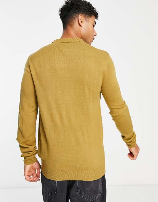 River Island Slim Fit Textured Knit Polo Shirt in Yellow for Men