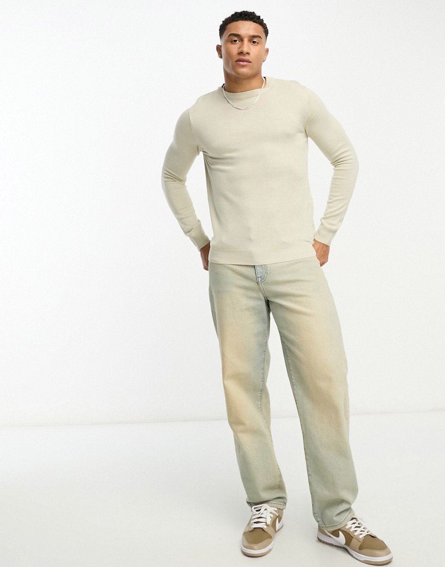 Soul Star muscle fit crew neck jumper in stone-Neutral