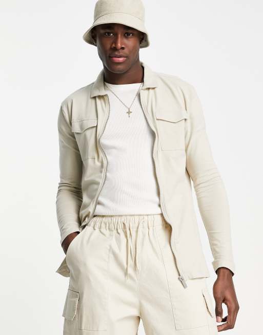 Soul Star muscle fit full zip shirt in stone