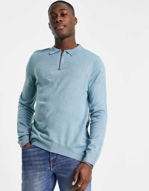 Soul Star - Muscle fit polo met kort ritsje in bleek blauw