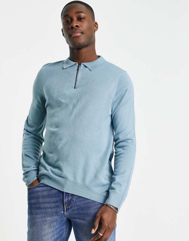 Soul Star muscle fit quarter zip polo in pale blue