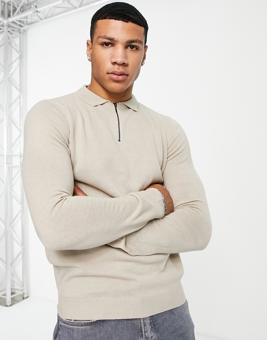 SOUL STAR MUSCLE FIT QUARTER ZIP POLO IN STONE-NEUTRAL