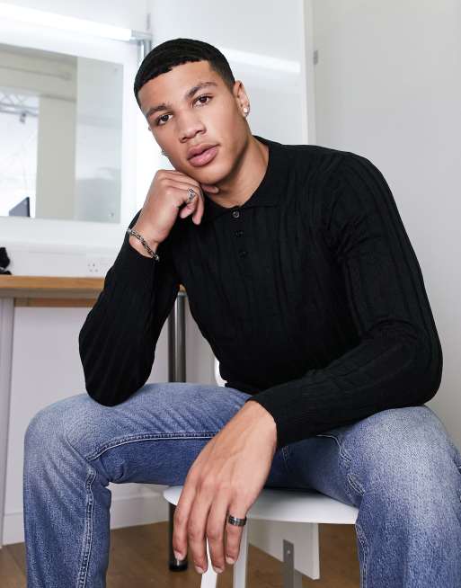 Soul Star muscle fit ribbed polo in black