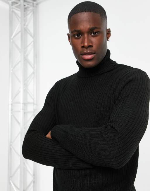 Soul Star Muscle Fit Ribbed Roll Neck Jumper In Black Asos 4383