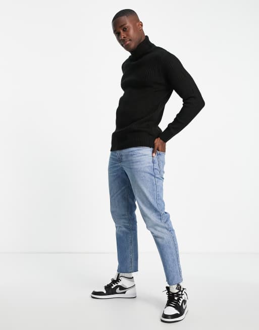 Soul Star muscle fit ribbed roll neck jumper in black