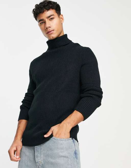 Soul Star muscle fit ribbed roll neck jumper in black | ASOS