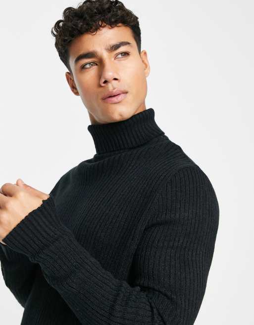 Mens black ribbed shop roll neck jumper