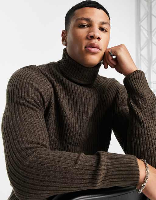 Soul Star muscle fit ribbed roll neck jumper in brown