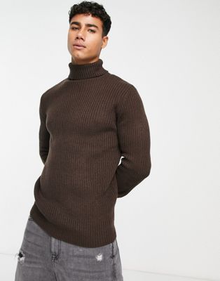 Soul Star muscle fit ribbed roll neck jumper in dark brown