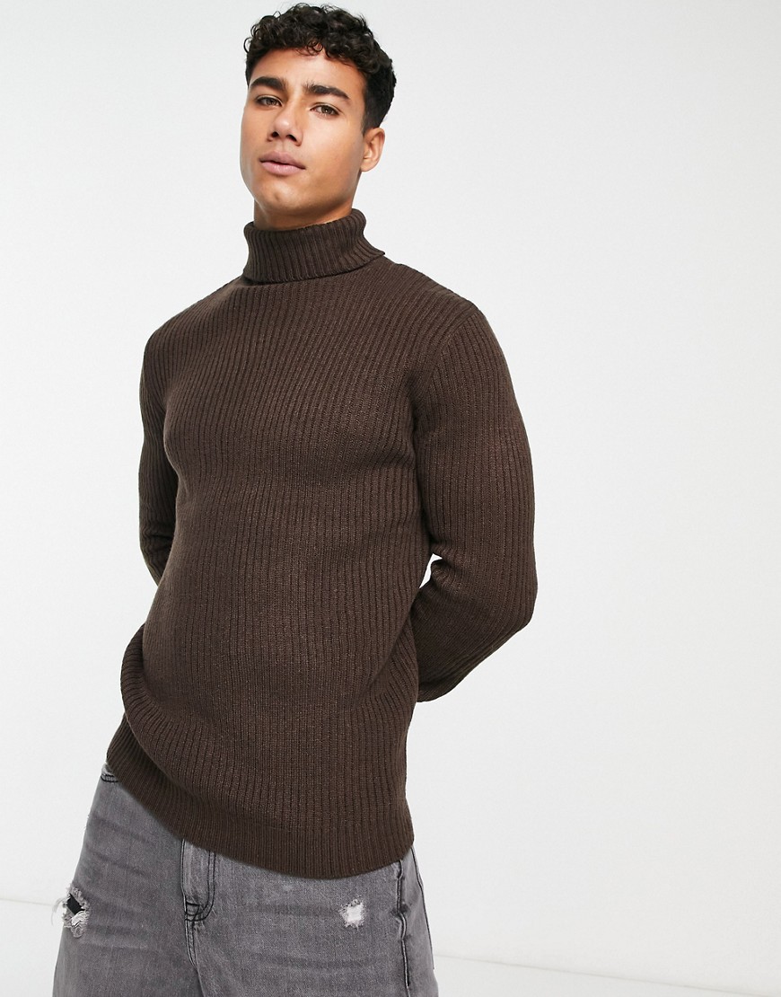 Soul Star muscle fit ribbed roll neck jumper in dark brown