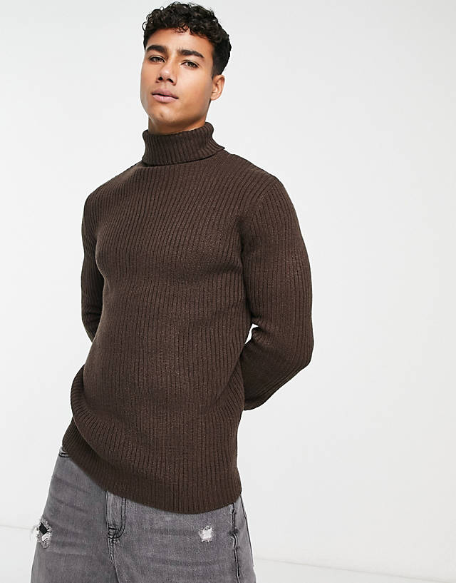 Soul Star - muscle fit ribbed roll neck jumper in dark brown