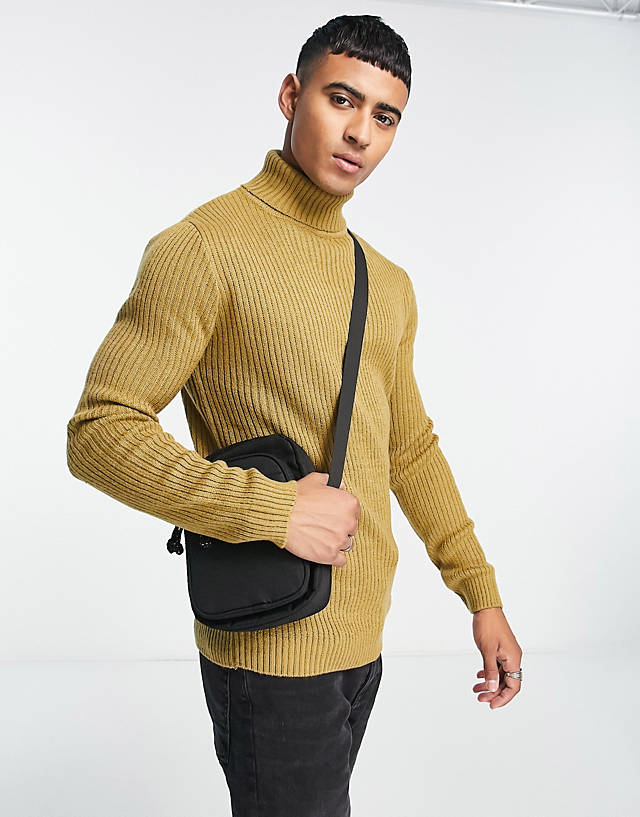 Soul Star - muscle fit ribbed roll neck jumper in dark yellow